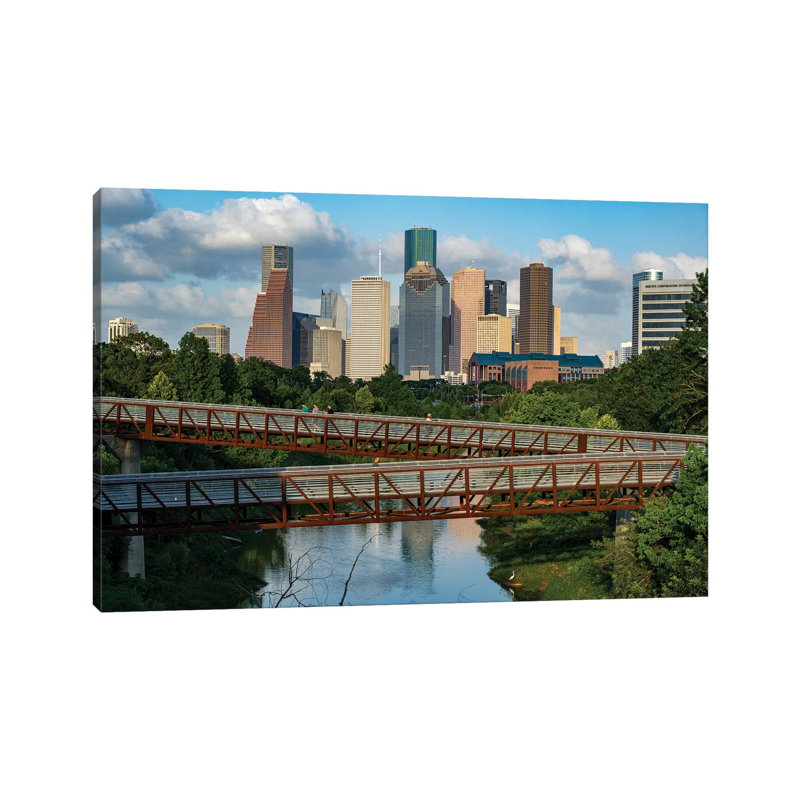 Elevated Walkway Over Buffalo Bayou With Downtown Skyline In Background, Houston, Texas, USA 1 Piece Wrapped Canvas Wall Art