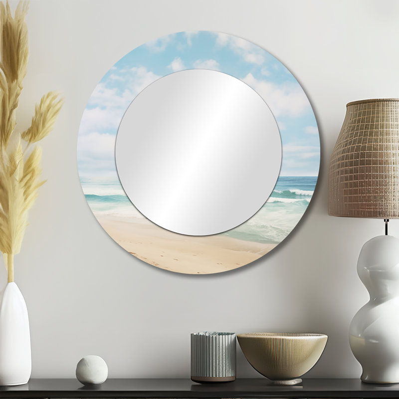 Scheck Beach Photo Coastal Tranquility III - Beach Decorative Wall Mirror, Beige Round Mirror, Printed Metal Art, 23" x 23"