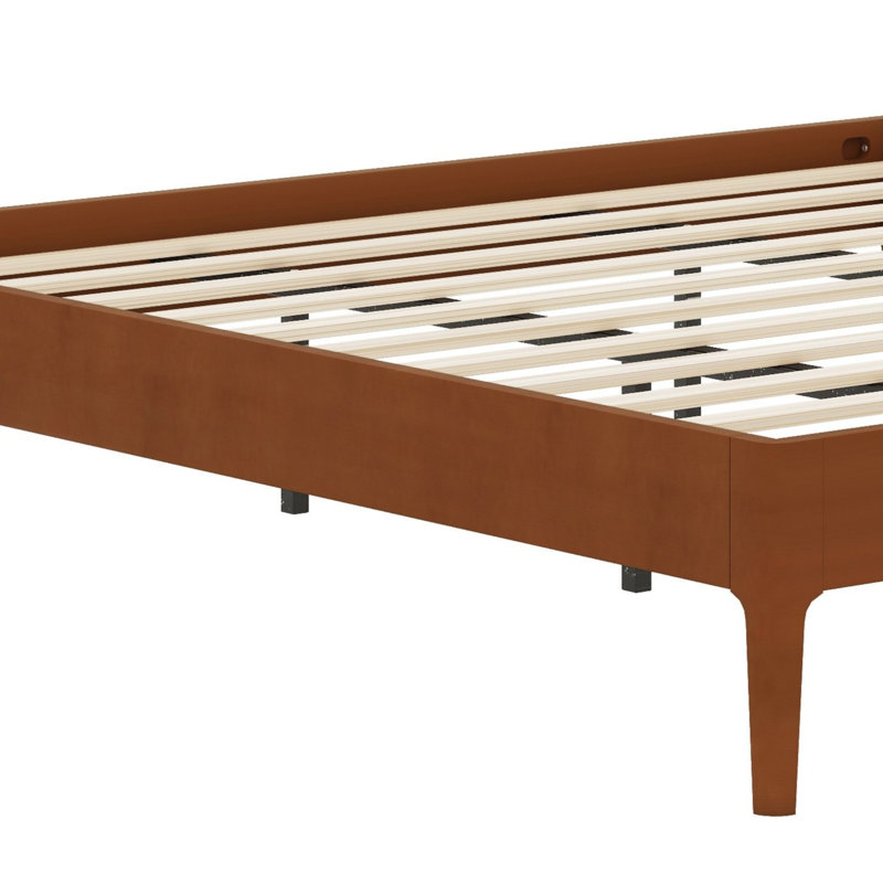 Élégante base de lit plateforme en bois avec lattes de bois et support en métal, Très grand lit, Brun