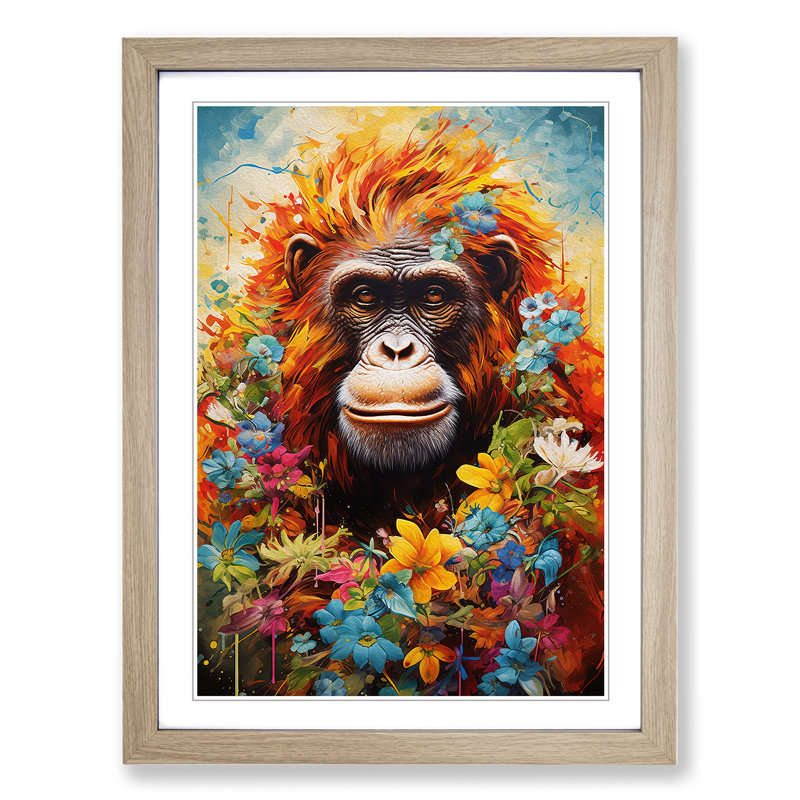 Orangutan Modern - Single Picture Frame Print on Wood, Oak , 34cm H x 25cm W x 2cm D