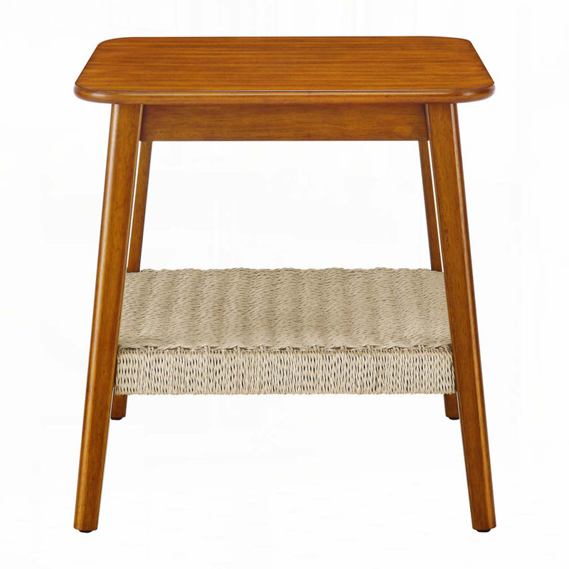 Side Table with Woven Shelf, Boho Side Table with Storage