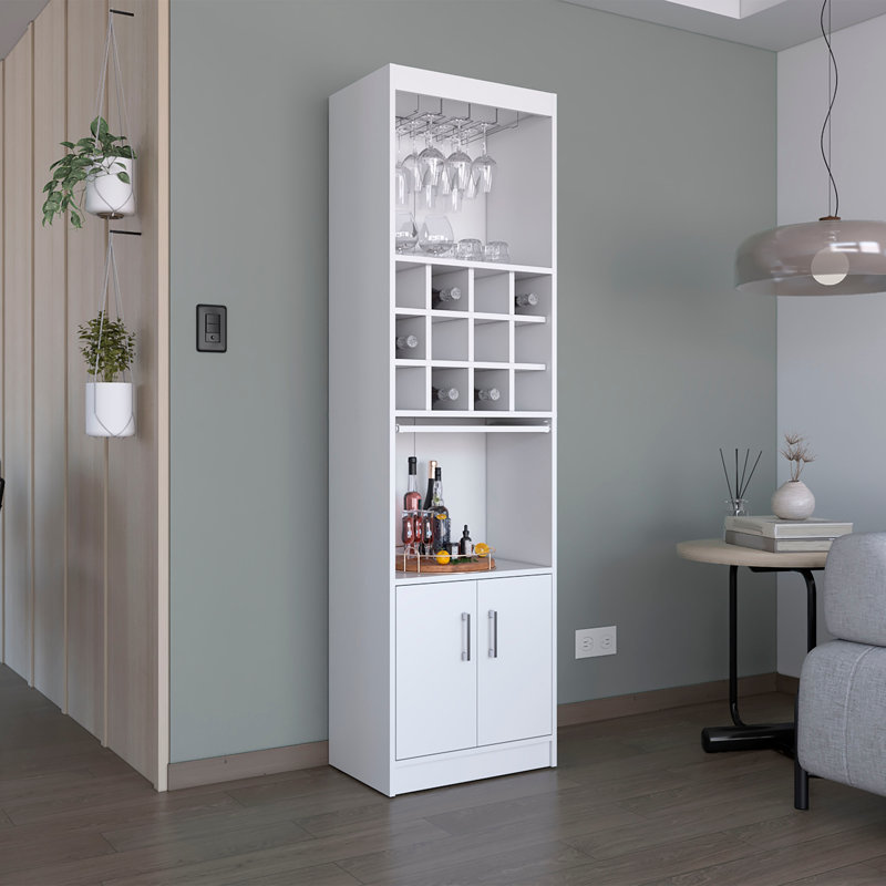 Kevil 71-Inch Tall Bar Cabinet 5-Tier Modern Bar Cabinet with Glass Holder Stemware Rack, Wine Cabinet, Liquor Cabinet, 12 Bottle Cubbies, 5 Shelves, and Pull Out Tray