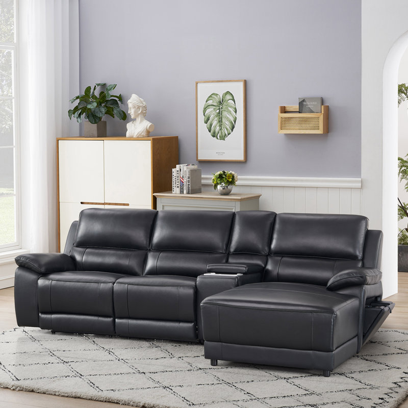 Carrabelle Leather Power Recliner Console,USB Port, Right Hand Facing, Black Genuine Leather