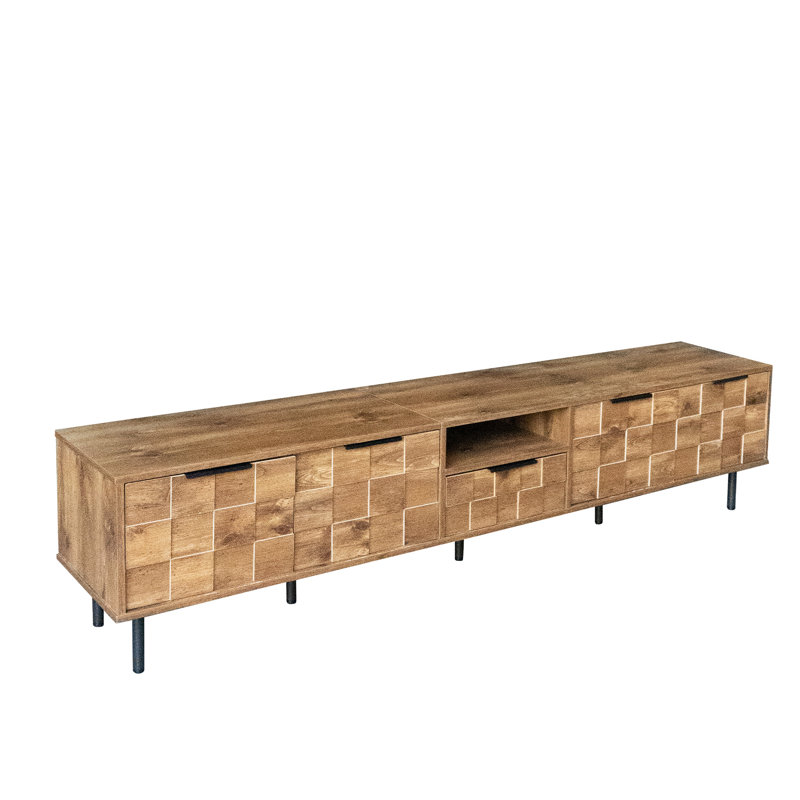 Meuble télé 78 po pour téléviseur de 75 à 85 po, console à carreaux intemporelle, tablette ouverte et rangement à tiroirs à fermeture douce dans le salon