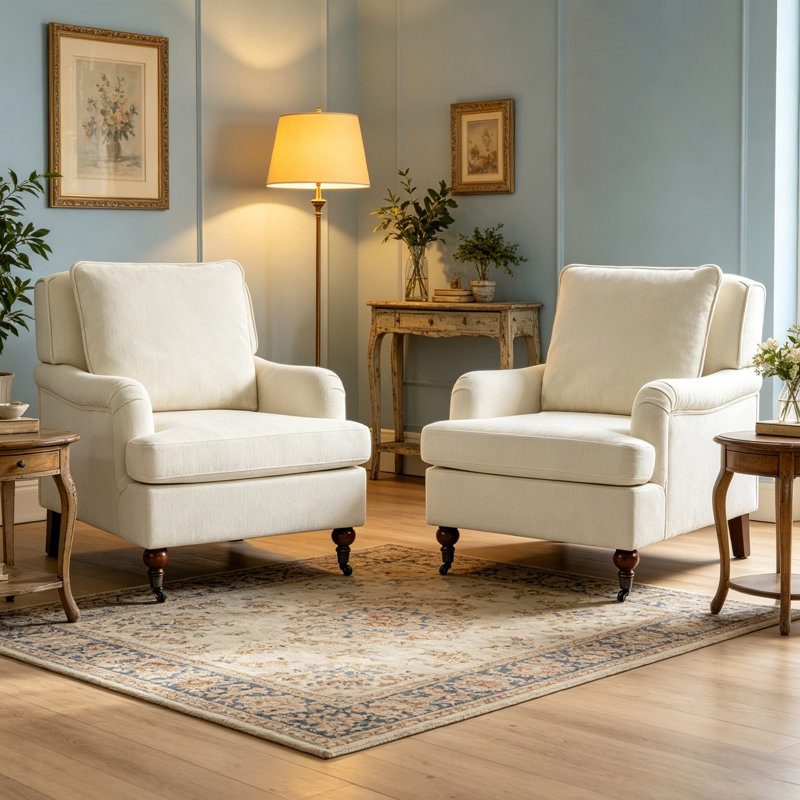 English Classic Roll Upholstered Wood Accent Chair for Living Room, White, 2, 29" W x 35" D x 33" H