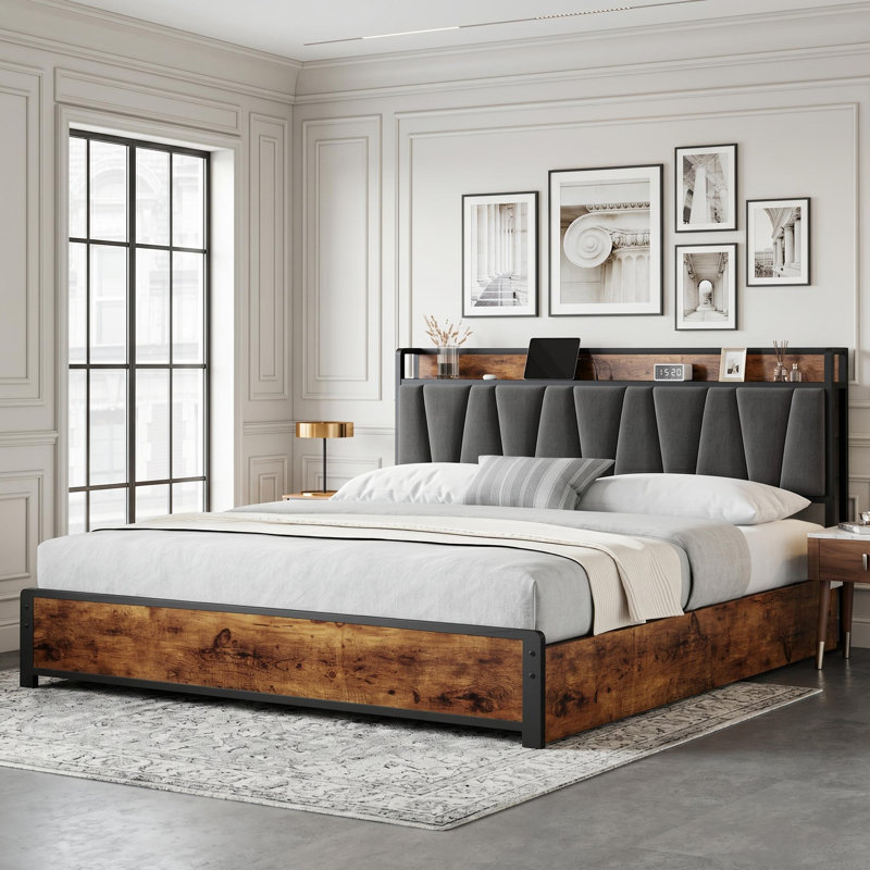 Base de lit plateforme grand format avec tête de lit tapissier en lin - 4 tiroirs de rangement - Station de chargement intégrée - Support de lattes en métal robuste - Aucun sommier requis