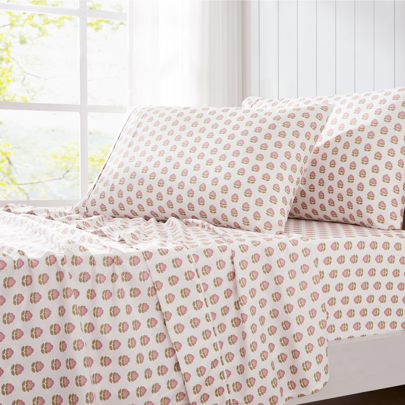 Prisha Floral Peach Sheet Set, Twin Extra Long Sheet Set with 3 Additional Pieces