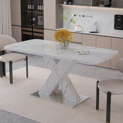 Modern Rectangle Dining Table, Stretchable, With Printed White Marble Table Top+MDF X-Shape Table Leg With Metal Base (Same SKU:W757S00007)