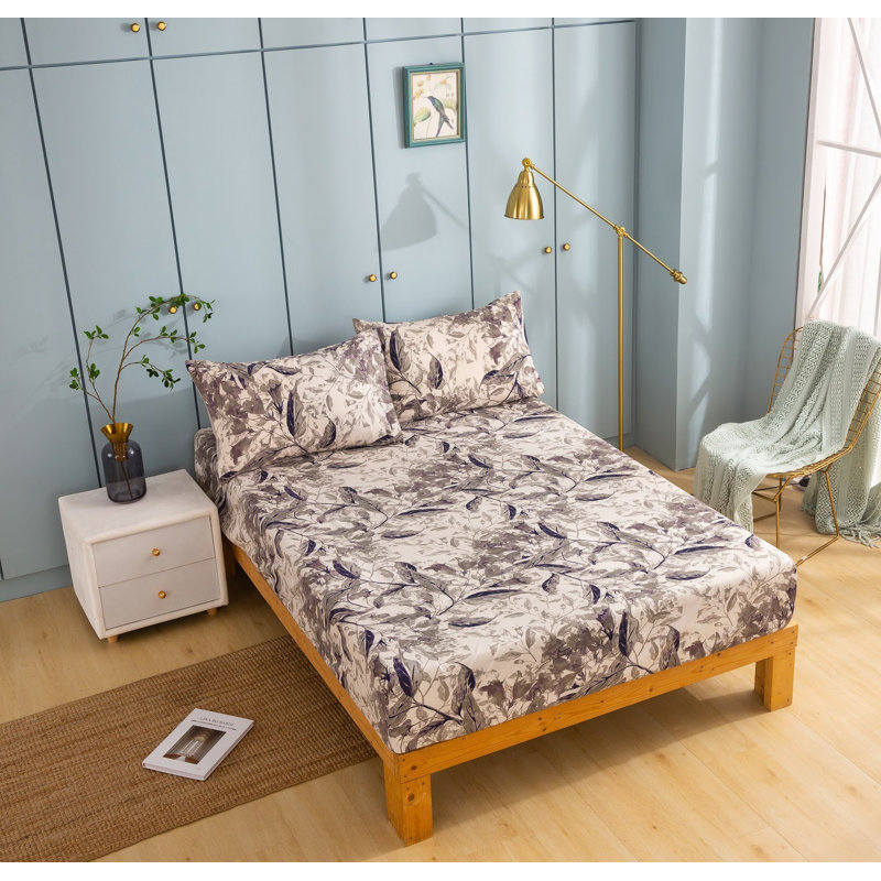 Polyester Machine Printed Floral Fitted Sheet, King Fitted Sheet with Pillowcase
