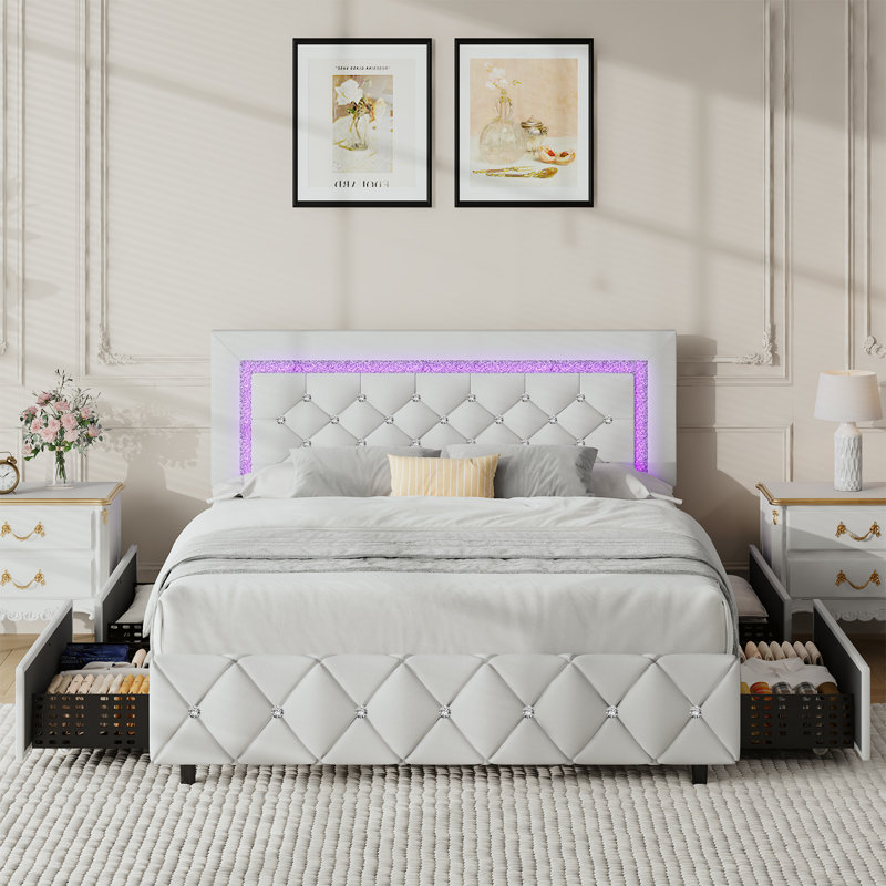 Alber Upholstered Platform Bed Frame with LED Lights & Storage Drawers - Diamond Tufted Headboard & Footboard, Modern Bedroom Furniture