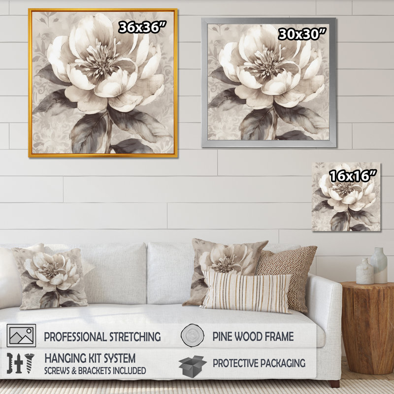 Pivoines grises sur une branche I - pivoines, art mural, H 36 po x l 36 po x P 1,5 po, Cadre doré simple