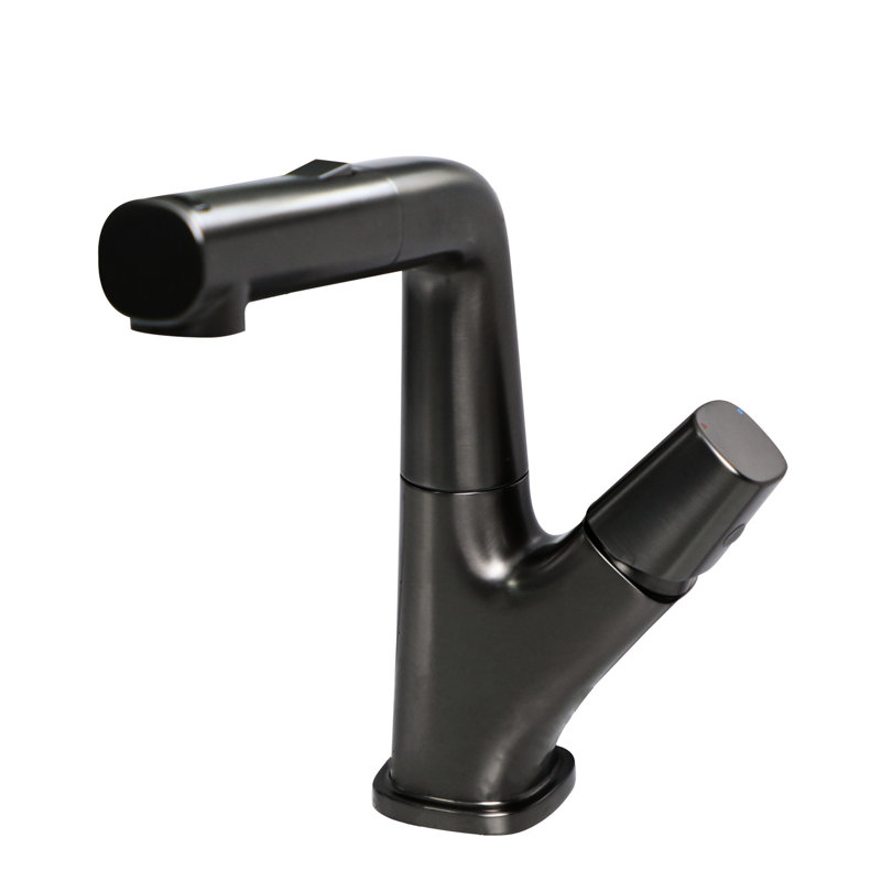 Robinet de salle de bain escamotable noir Gunmetal, trois modes de débit, tuyaux d'alimentation en eau de 90 cm, bec pivotant à 360 °, réglage froid / chaud, installation complète, robinet en céramique en mode noir, lisse et soyeux