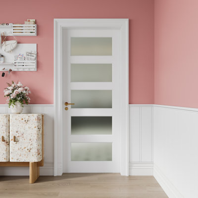 24" X 80"5-Lite Preassembled Frosted Glass French Door, for Closet Pantry Bedroom Livingroom Study Office, kitchen Barn Doors-Shaker w/o Hardware,White