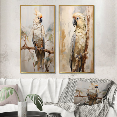 Beige perroquet élégance à plumes - ensemble de salon art mural perroquet de 2