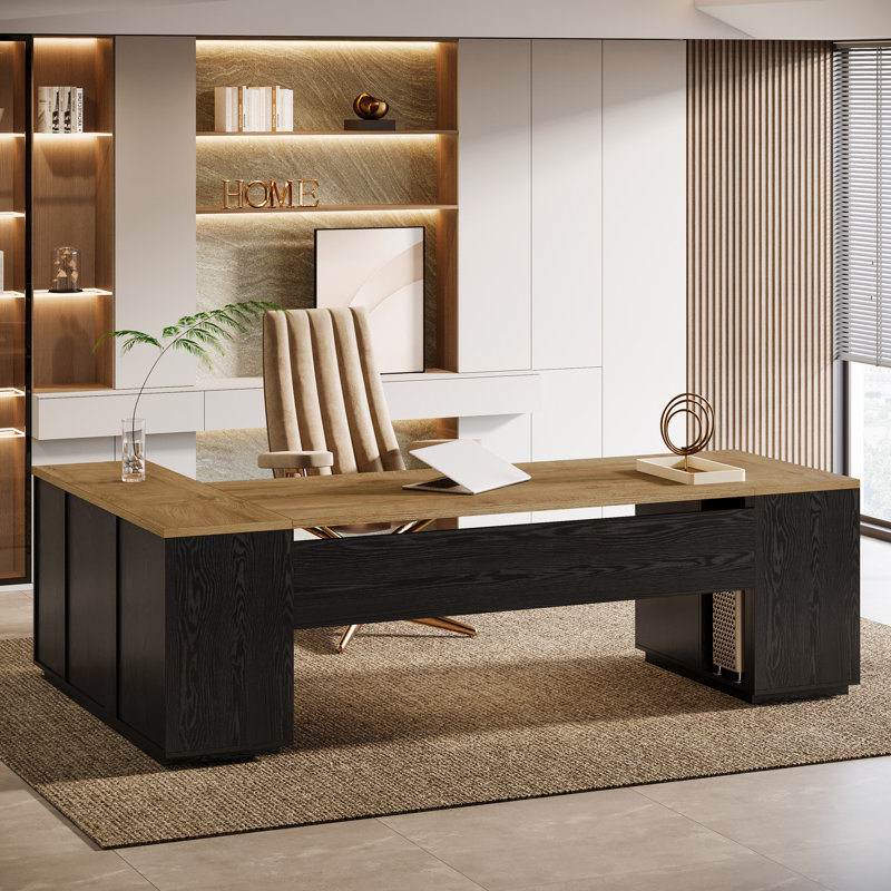 85.8" L-Shaped Executive Desk, Light Brown/Black