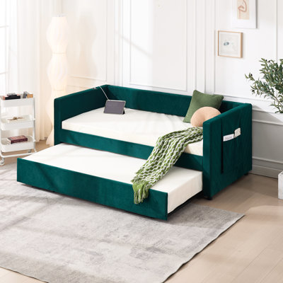 Lit double avec lit gigogne, chargeur, poches latérales, cadre stable, design grainé en V pour chambre à coucher ou chambre d'amis, bureau à domicile et