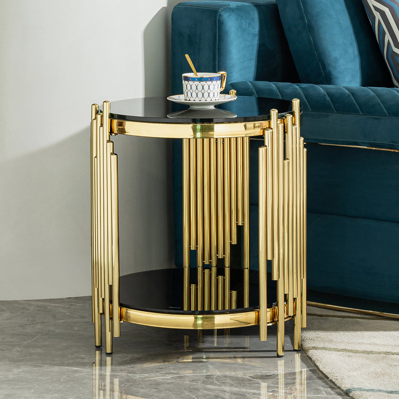 table d'appoint en verre trempé noir double couche table d'angle table d'appoint ronde en acier inoxydable doré pour le salon