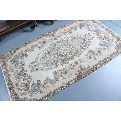Tapis décoratif vintage en laine turque Oushak beige pour décoration de chambre à coucher et de vestibule bohémien