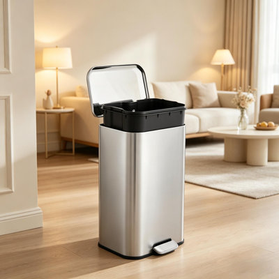 12L-50L Stainless Steel Kitchen Trash Can with Soft-Close Lid and Removable Inner Bucket for Home, Office