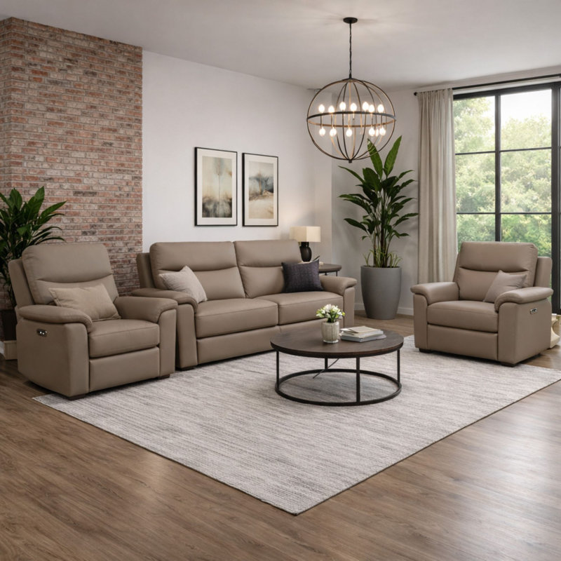 Alessandrina Real Leather Power Recliner 3 + 1 + 1 Sofa Set with USB Charging, Taupe