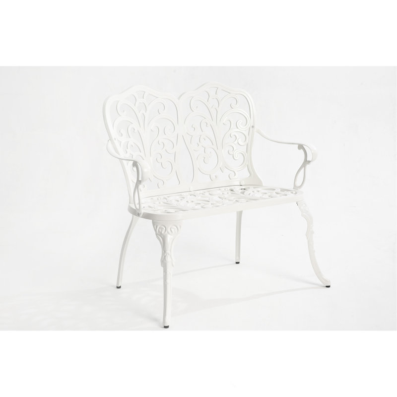 Patio Garden Bench Metal Park Bench Cast Aluminum Outdoor Furniture with Floral Rose for Patio, Park, Lawn, Yard, White