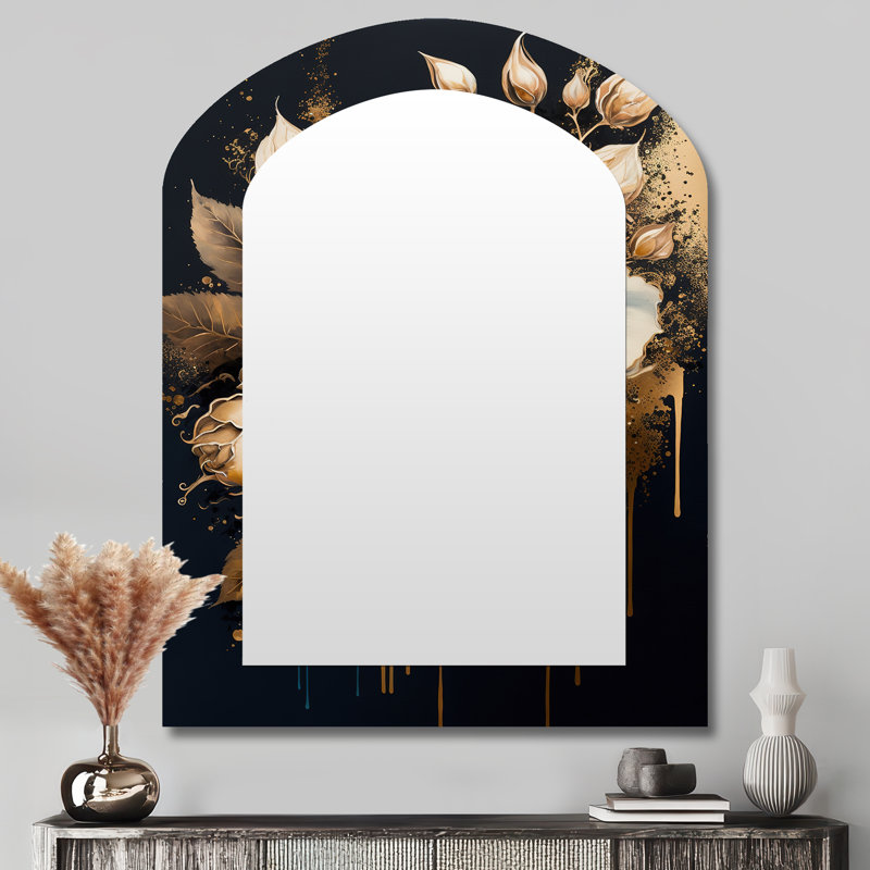 Navy Blue And Gold Rose II - Rose Asymmetrical Wall Mirror, Traditional Arch Decorative Mirror, Printed Metal Art