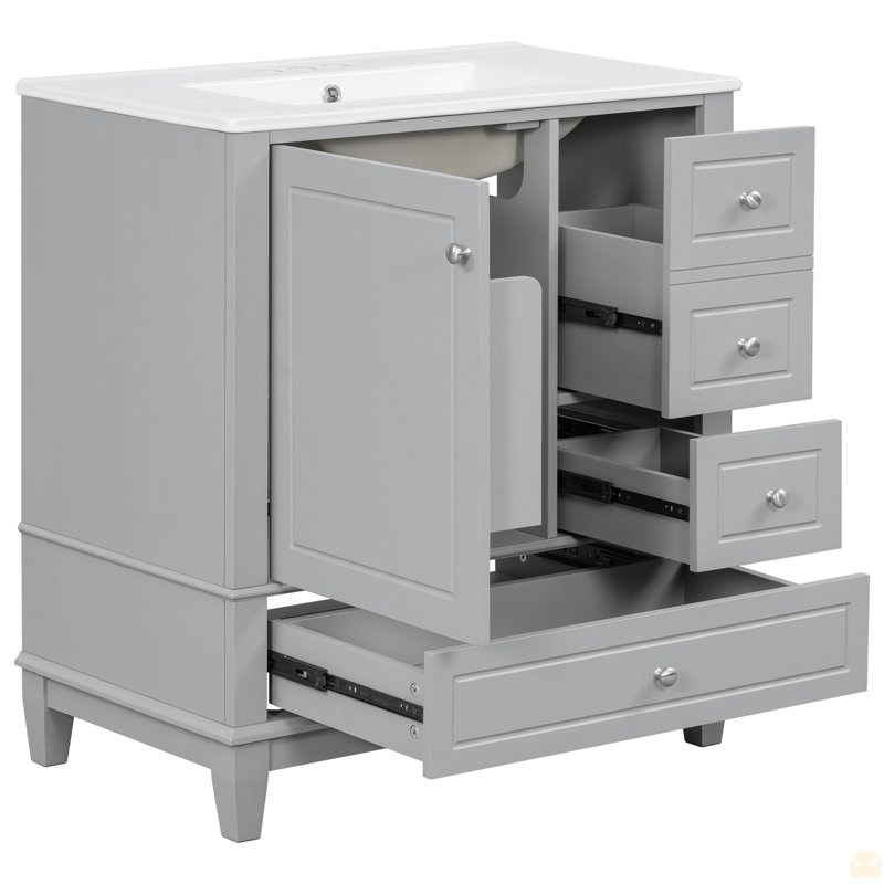 Meuble-lavabo 30 po avec lavabo, une porte avec tablette et trois tiroirs, porte à fermeture en douceur, Gris