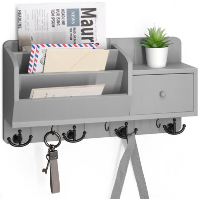 Key Holder Wall Mount with Mail Sorter,Rustic Apartment Essentials,(Gray)