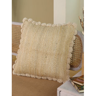Housse de coussin crème en jute tissée à la main avec bords pompés 20 x 20