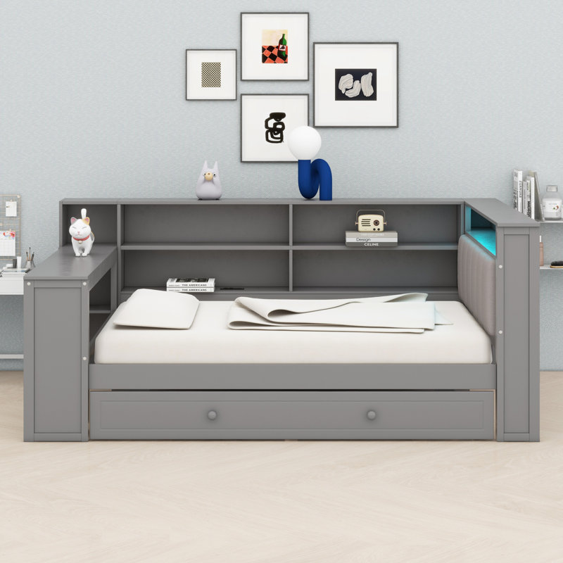 All-In-One Platform Bed With Upholstered Headboard And Convenient Features, Gray