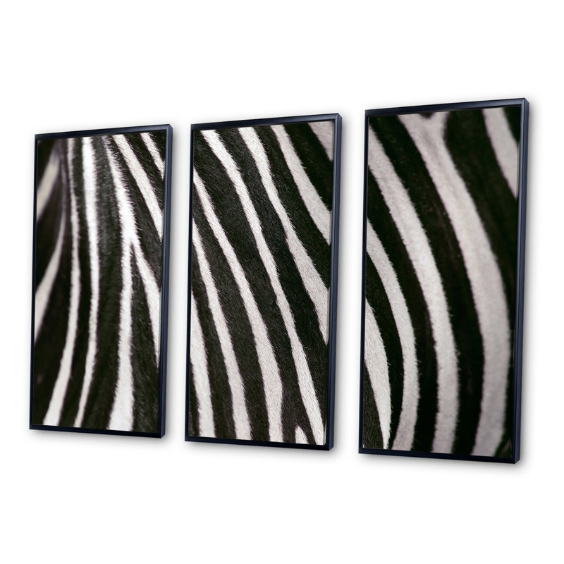 Détail de lignes de zèbre noires et blanches III - ensemble de 3 toiles encadrées encadrées, H 28 po x l 36 po x P 1 po