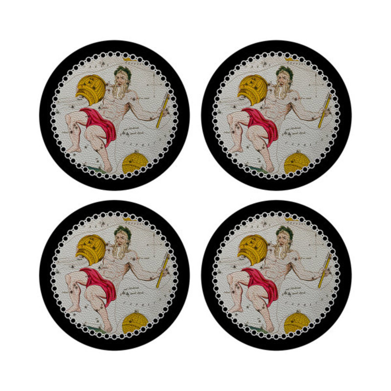 Zodiac Aquarius Vegan Leather Round Pebble Placemat, Black