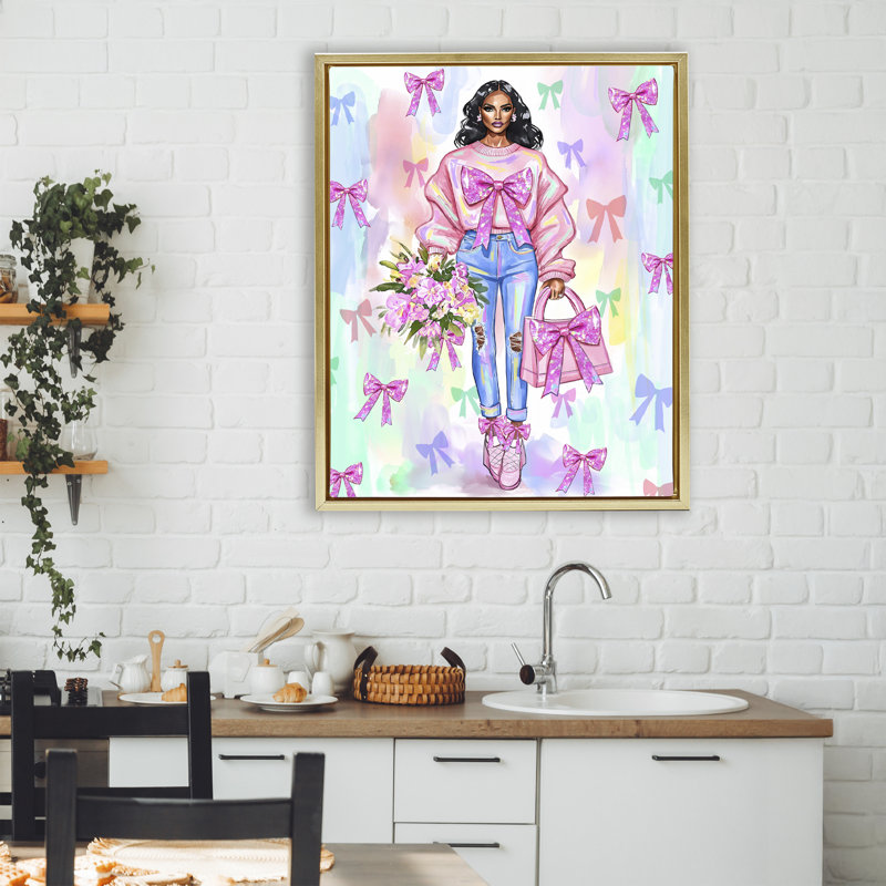Cadre flottant féminin, illustration de mode, par Jess Stempel, H 31 po x l 25 po, Cadre flottant métallique doré