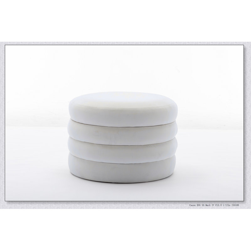 Velvet Fabric Storage Round Ottoman Footstool With Wooden Shelving, Ivory