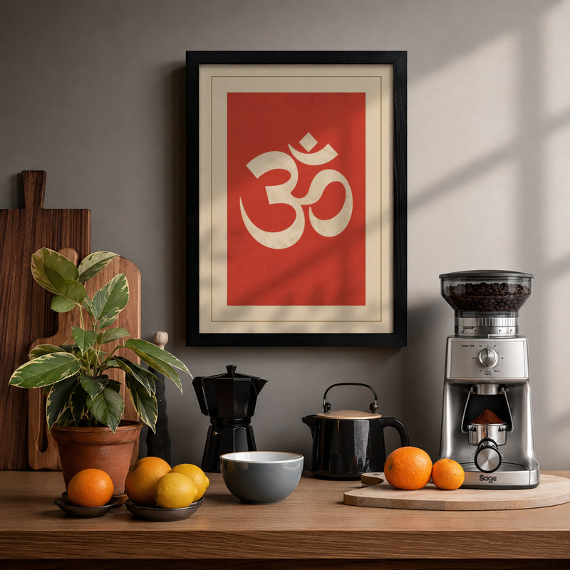 Om in Red Minimalist - Framed Print, A4 - 29.7 x 21.0 cm, Black