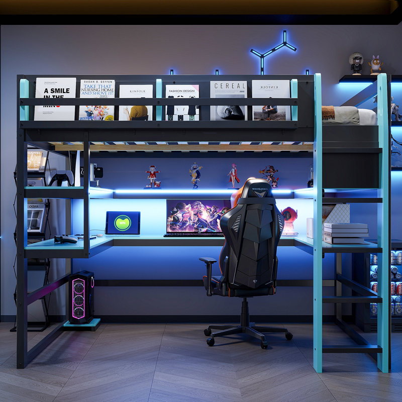 Lit mezzanine double en bois avec bureau, support de rangement latéral, tablettes multiples et lumière RVB, bleu nuage