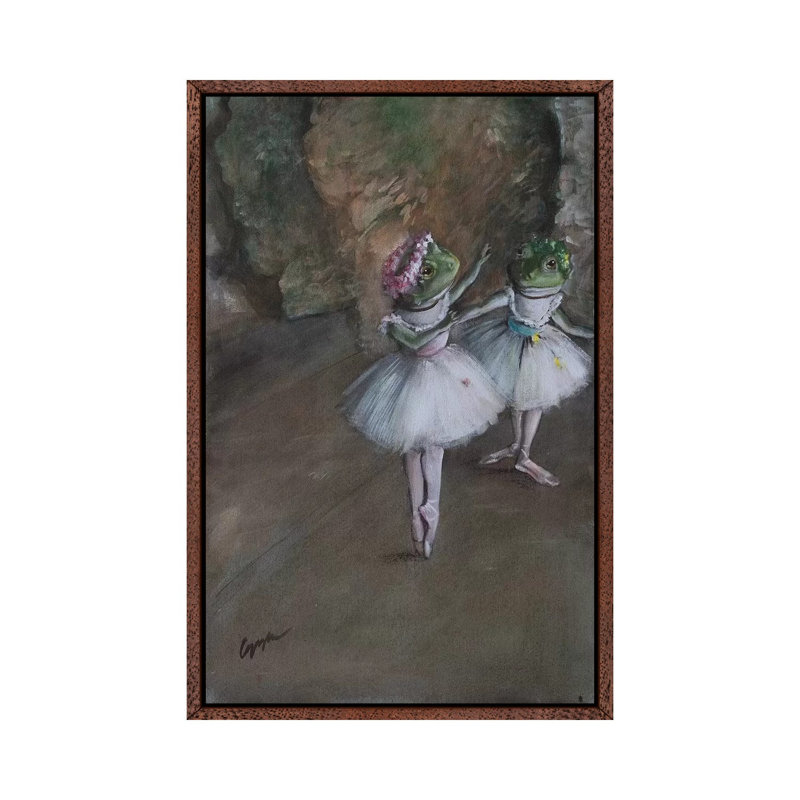 Two Frog Dancers by Melinda Copper - Painting on Canvas, 66.04cm H x 45.72cm W x 3.81cm D, Classic Brown Wood Framed