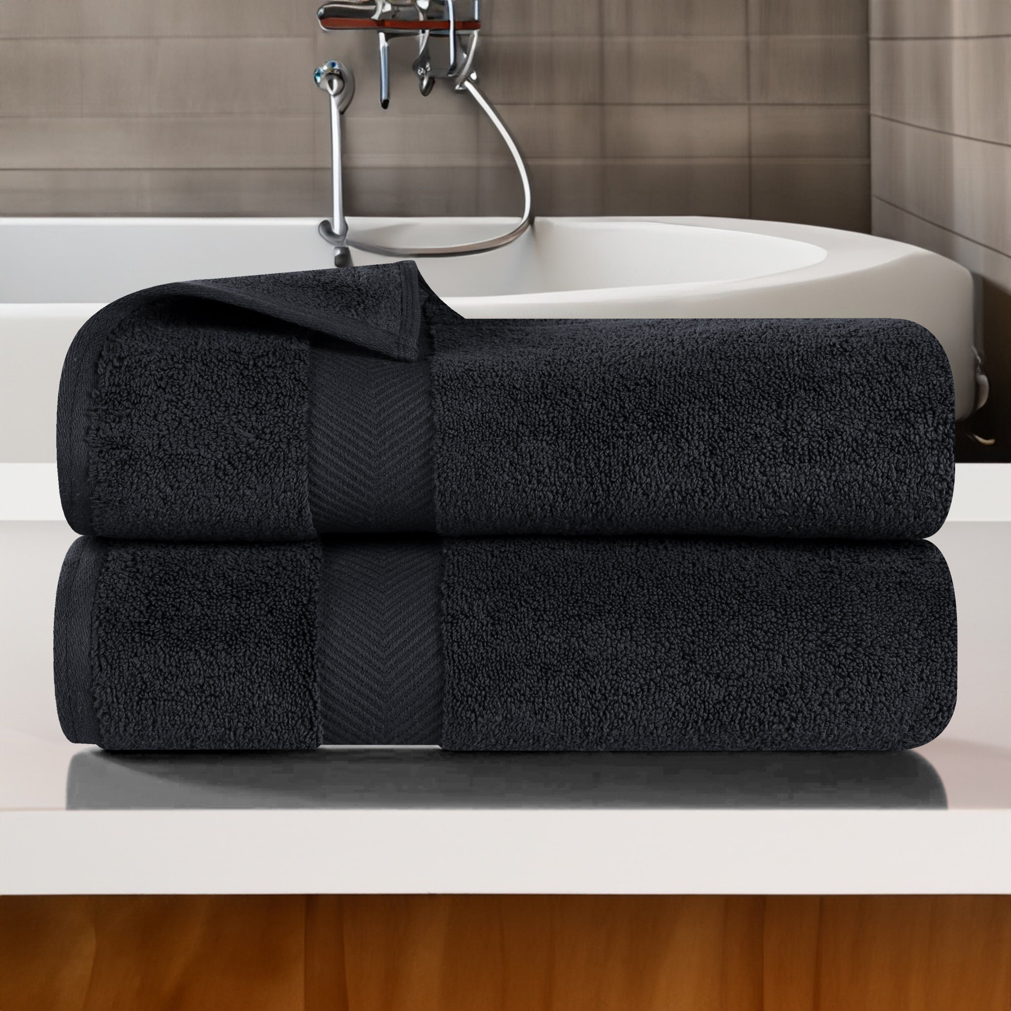 Hamachi Zero Twist 2 Piece 100% Cotton Bath Towel Set, Black