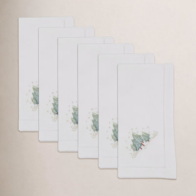 Embroidered Holiday Tree Cotton Napkins (Set of 6) – Hemstitch Border with Seasonal Tree Motif, 20"x20"