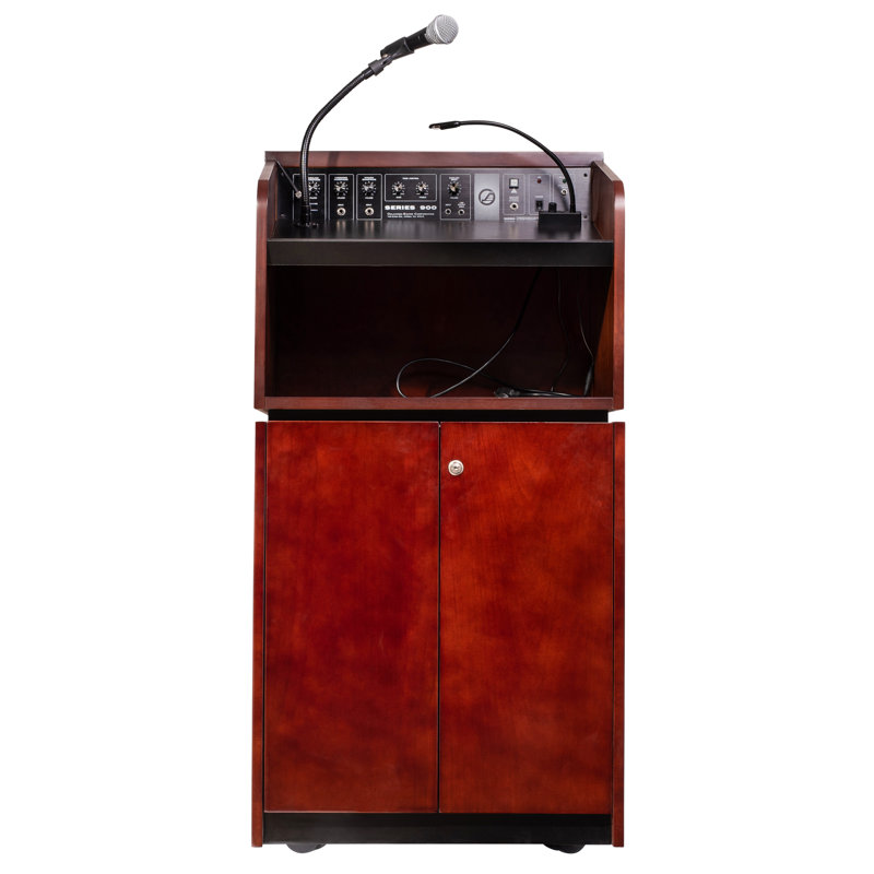 Mahogany Walnut Mobile Lectern with Wireless Microphone System