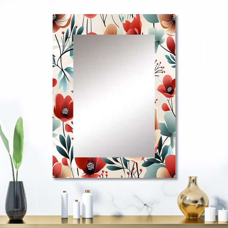 Achraf Blue & Red Coastal Elegance Floral Pattern - Floral Large Wall Mirror, Floral Decorative Mirror, Printed Metal Art