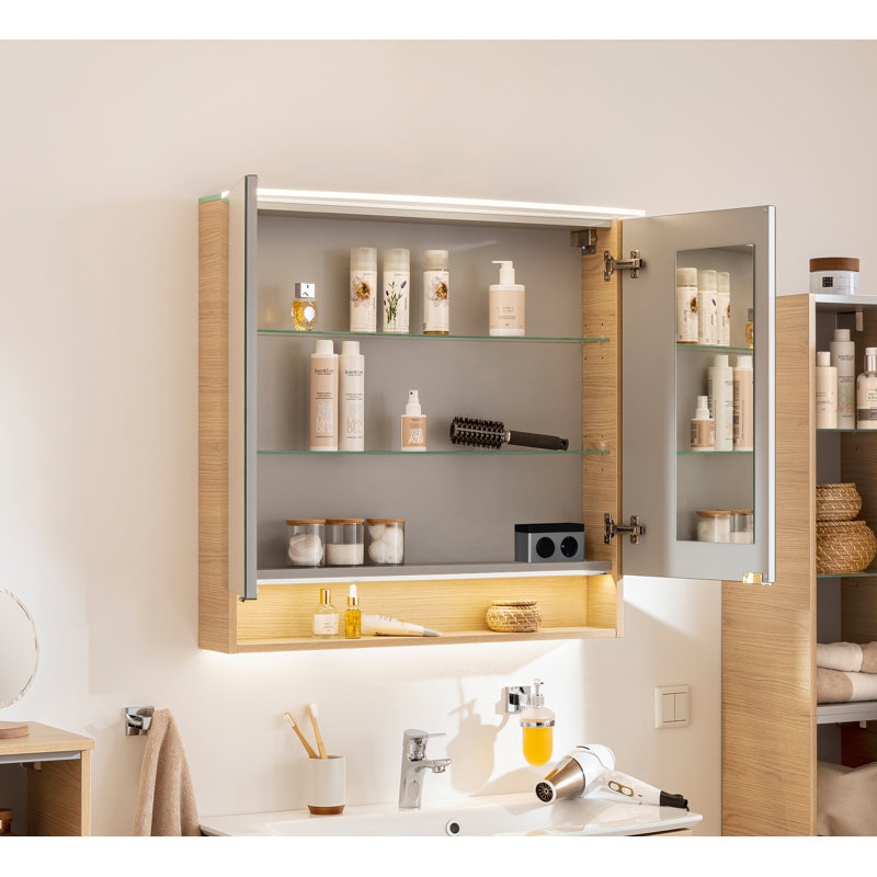 800mm W 810mm H Wall Cabinet Frameless Medicine Cabinet Mirror 2 Adjustable, Beige/Brown