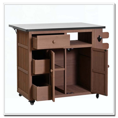 Outdoor Solid Wood Extendable 19.3''/28'' Kitchen Island, Stainless Steel Top Grill Table with Side Spice Rack