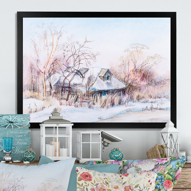 Winter Farmhouse Landscape II - reproduction de cadre flottant sur toile, Cadre noir, H 8 po x l 12 po x P 1 po
