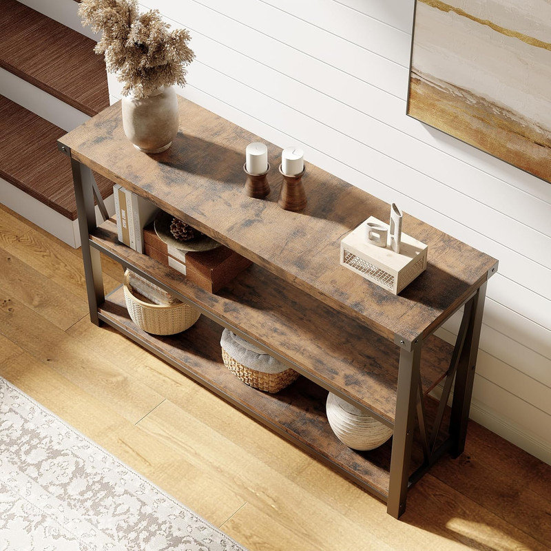 47" Industrial 3-Tier Console Table, Rustic Brown Sofa Table with Storage for Entryway & Living Room