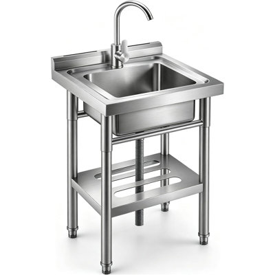 Évier utilitaire autoportant en acier inoxydable 20 x 20 x 31,5 po avec dosseret, cuve simple, robinet d'eau chaude et froide, tablette, évier à lessive commercial pour la cuisine, le garage et l'extérieur