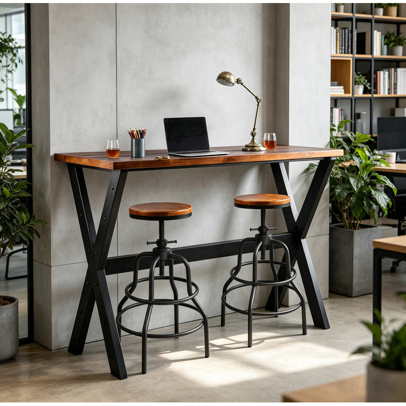 3-Piece Table & Chairs Set, Space-Saving Furniture For Home Bar Dining Cafe Pub, Industrial Black Metal & Rustic Brown Wood, Heavy Duty, X-Leg Rectangular Table, 2 Swivel Adjustable High Barstools