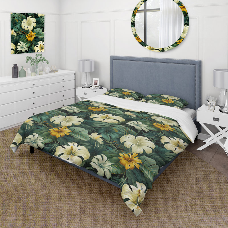 Literie Monstera Elegance, Housse de couette pour grand lit et 2 taies décor
