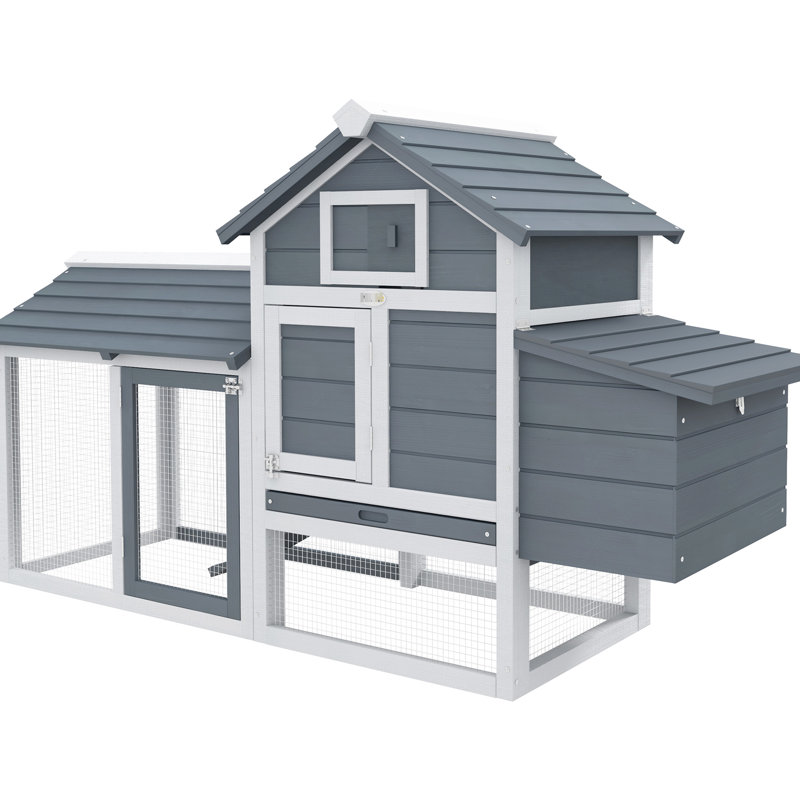 Petit poulailler 59 po en bois blanc pour la pelouse - avec 2 portes, nichoir, plateau amovible, poulailler, boîte compacte et plateau à crottes hygiénique