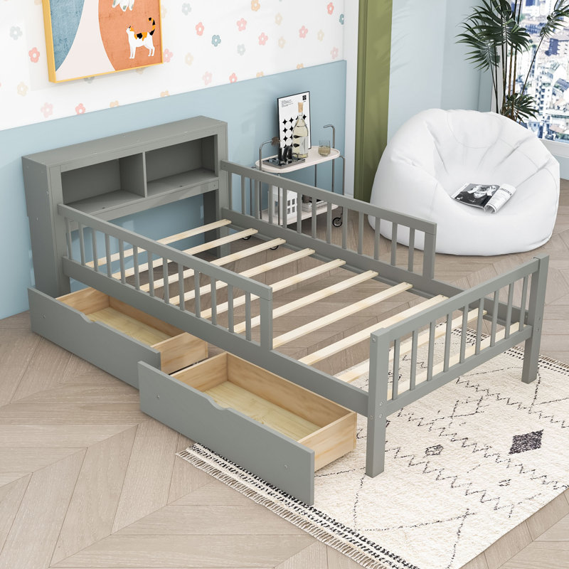Lit plateforme simple en bois avec rangement pour tête de lit, garde-corps de sécurité et tiroirs, Gris